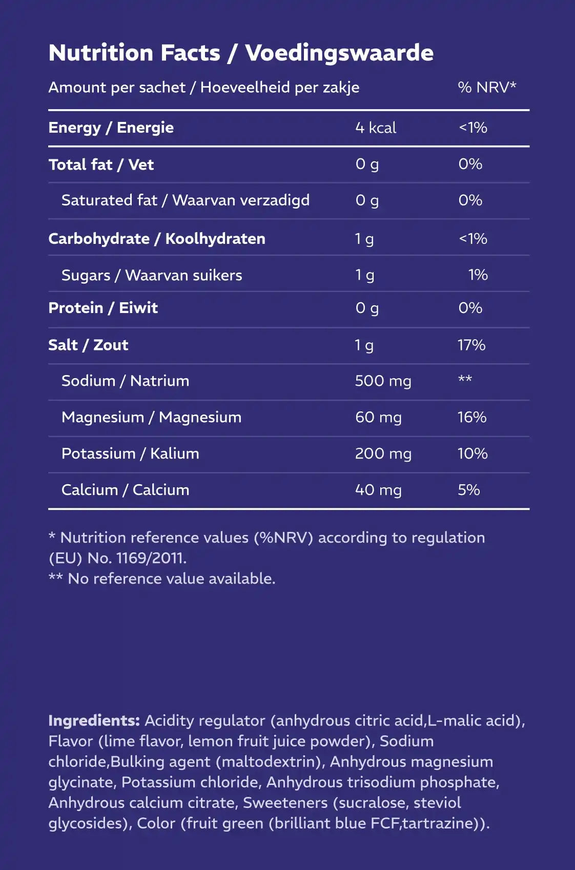 Voedingswaarde van elektrolyten supplement per zakje met natrium, kalium, magnesium en calcium - nutrition facts label