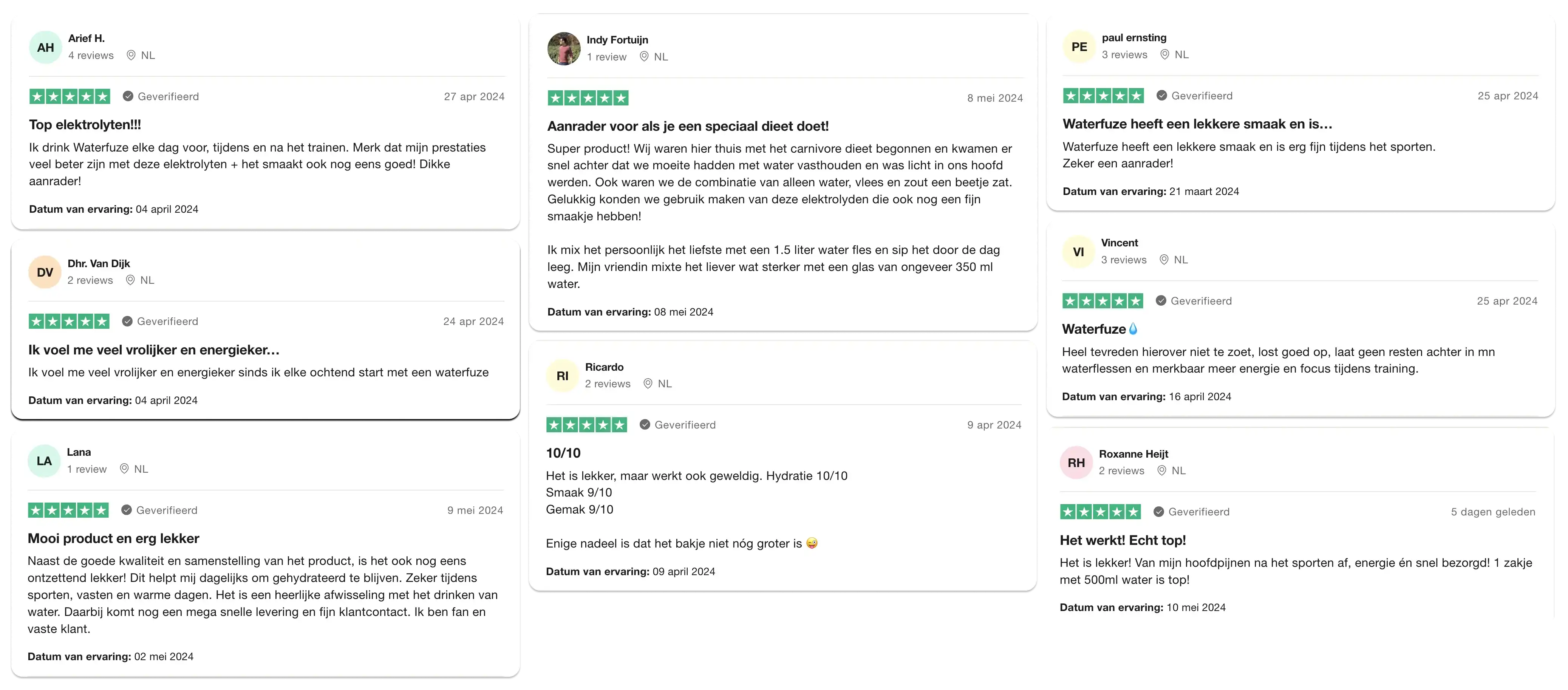 Collage van negen enthousiaste Nederlandse gebruikersreviews over Waterfuze, waarin smaak, hydratatie, energie en klanttevredenheid worden geprezen.