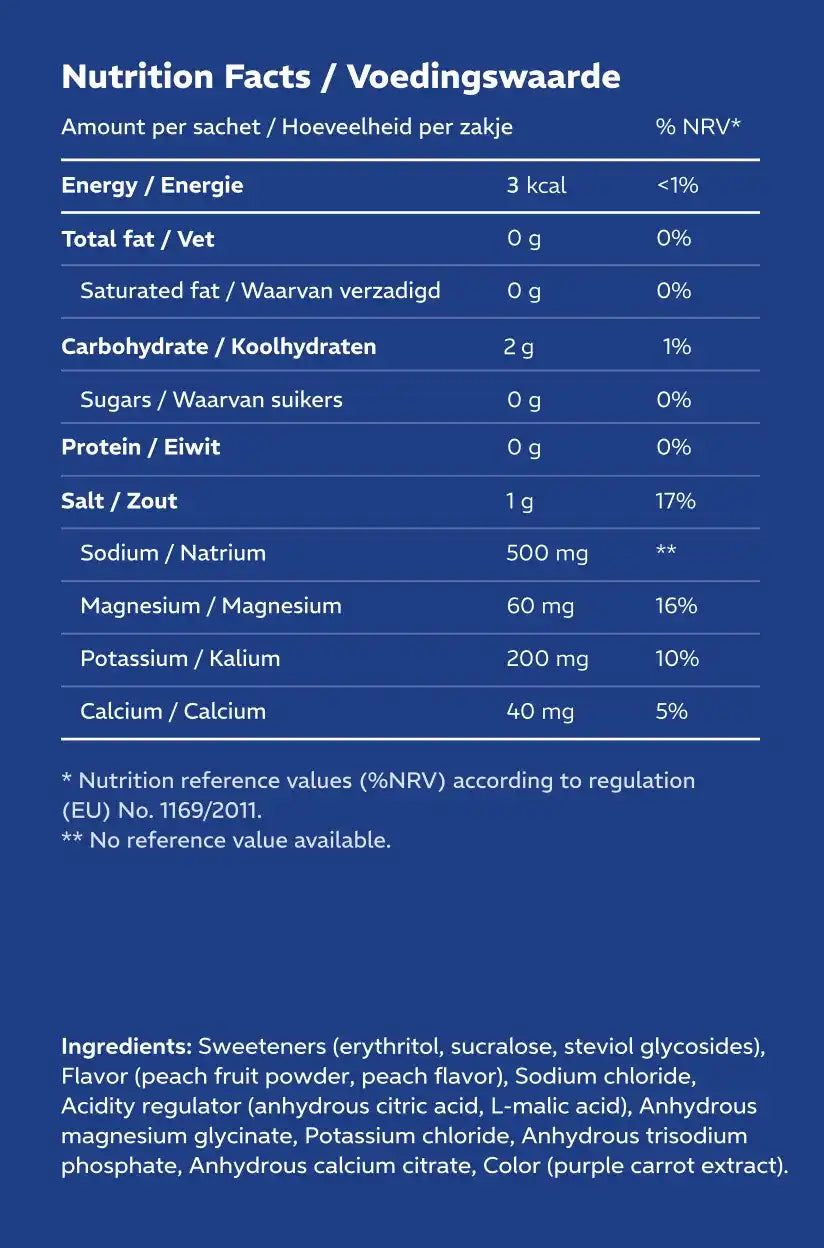 Voedingswaarde van elektrolyten supplement per zakje met natrium, kalium, magnesium en calcium - nutrition facts label