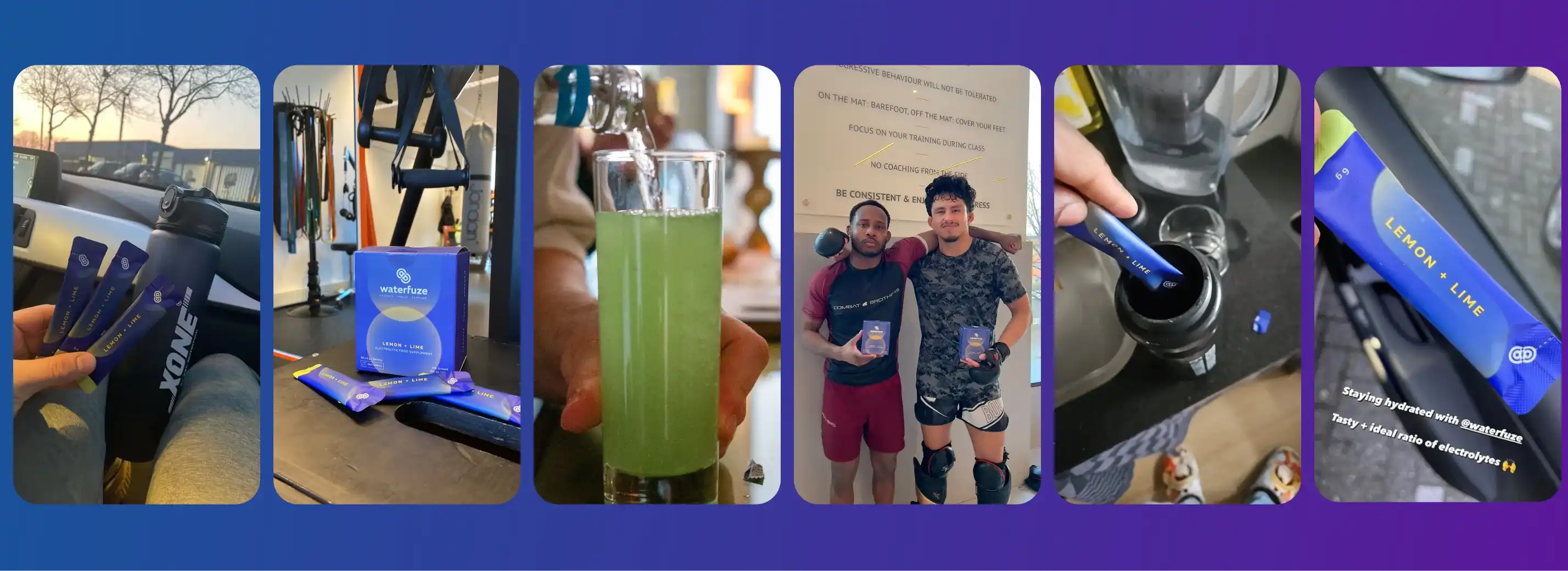 Collage van zes foto's waarop mensen Waterfuze Lemon + Lime elektrolyten gebruiken tijdens sportmomenten, in de auto en bij het bereiden van een drankje.